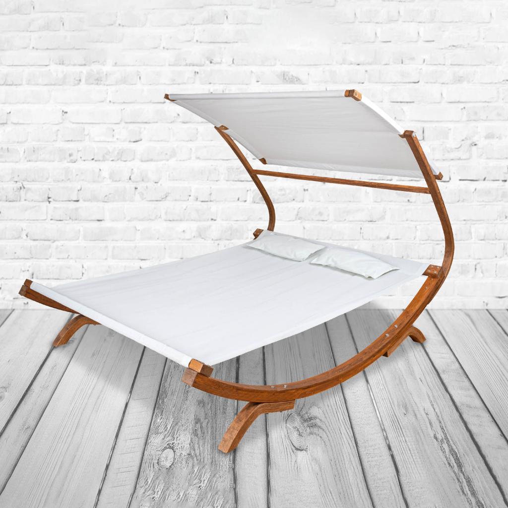 PureHaven Loungebett mit Sonnendach 220x168x135cm für 2 Personen massiv Holzrahmen Kopfkissen Gartenliege langlebig witterungsbeständig Farbe Creme