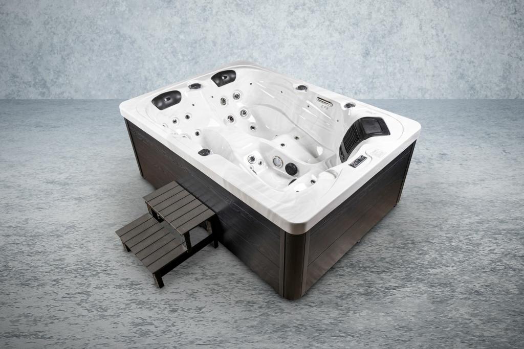 PureHaven American Outdoor-Whirlpool 220x156 cm für 3 Personen mit 77 Wasserdüsen und 10 Luftdüsen Thermoabdeckung LEDs Farbe Sterling Silber/Grau