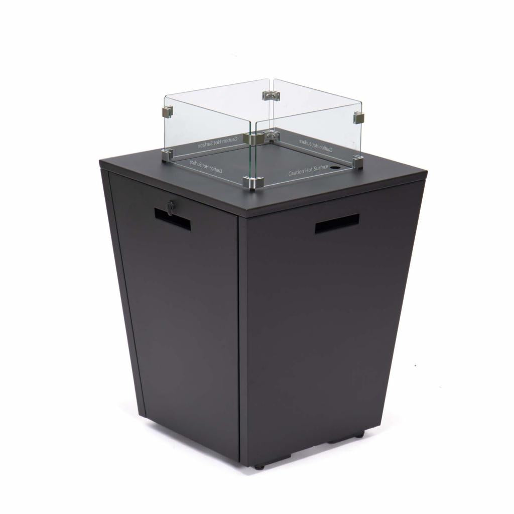 PureHaven Feuerschale Aluminiumrahmen gehärtetes Glas graue Tischplatte Wetter- & Rostbeständigkeit inkl. Windschutz Glasperlen & Abdeckung