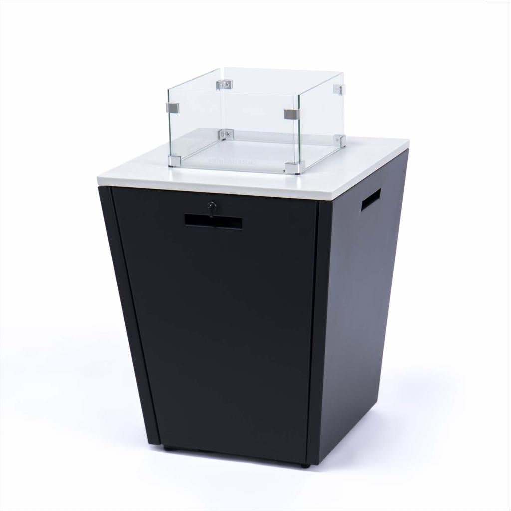 PureHaven Feuerschale Aluminiumrahmen gehärtetes Glas weiße Tischplatte Wetter- & Rostbeständigkeit inkl. Windschutz Glasperlen & Abdeckung