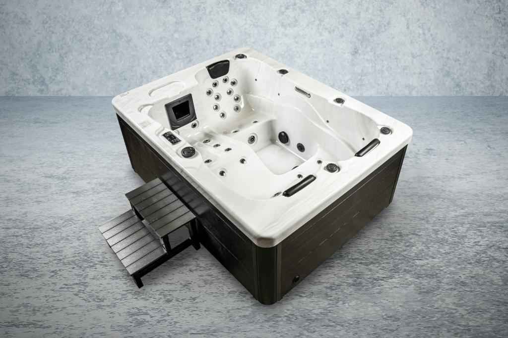 PureHaven American Outdoor-Whirlpool 210x160 cm für 3 Personen mit 33 Massagedüsen Heizung LEDs Thermoabdeckung Farbe Sterling Silber/Grau