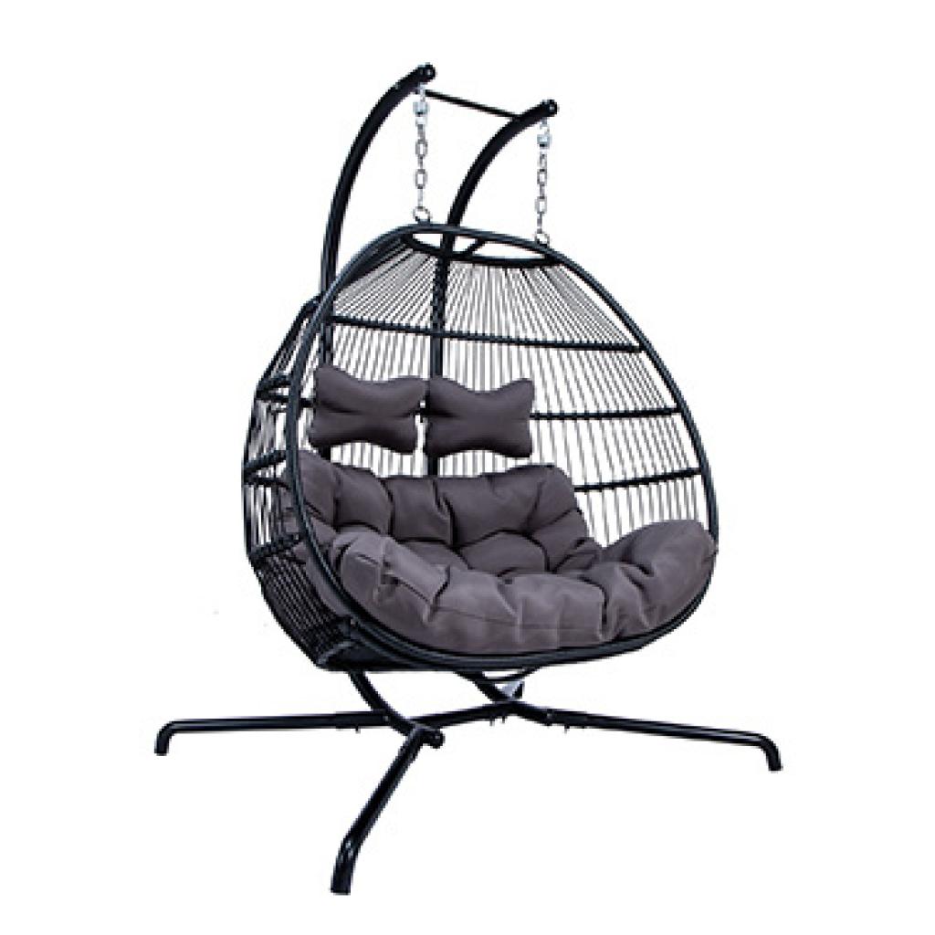 PureHaven Hängesessel für 2 Personen 130x120x200 cm Rattan-Kunststoffgeflecht mit Kissen wasserfest strapazierfähig gefederte Aufhängung grau/schwarz