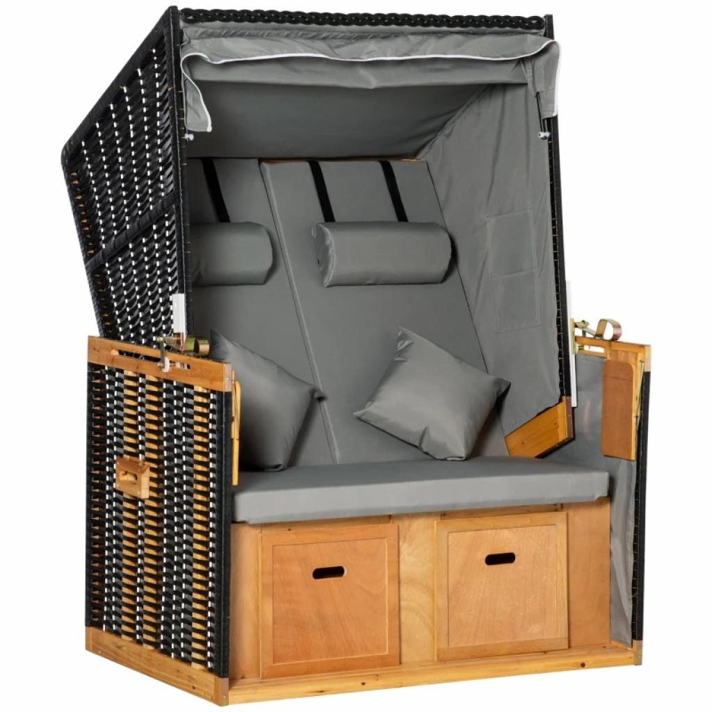 PureHaven Strandkorb 118x79x150 cm für 2 Personen inkl. Rücken- und Sitzkissen verstellbare Rückenlehne Klapptische und Fußstützen grau