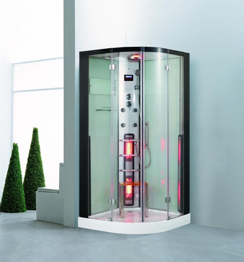 PureHaven 2in1 Dampfdusche & Infrarotsauna 100x100x215 cm Aluminiumrahmen kompl. Zubehör Tropenbrause Sitzfläche Radio Massagefunktion Schwarz/Weiß