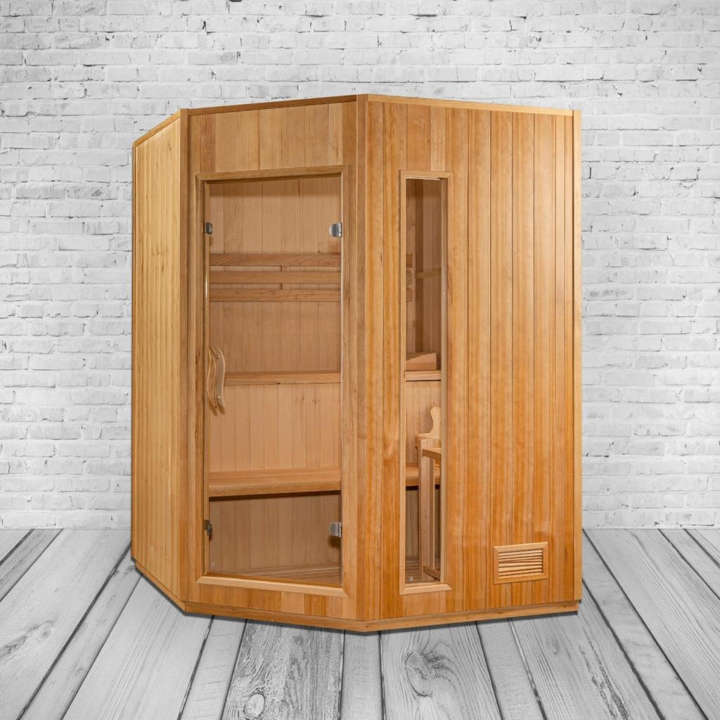 PureHaven Finnische Sauna 150x150x200 cm Harvia Saunaofen für 3 Personen Hemlockholz komplettes Zubehör Saunasteine Glastür Thermometer Beleuchtung