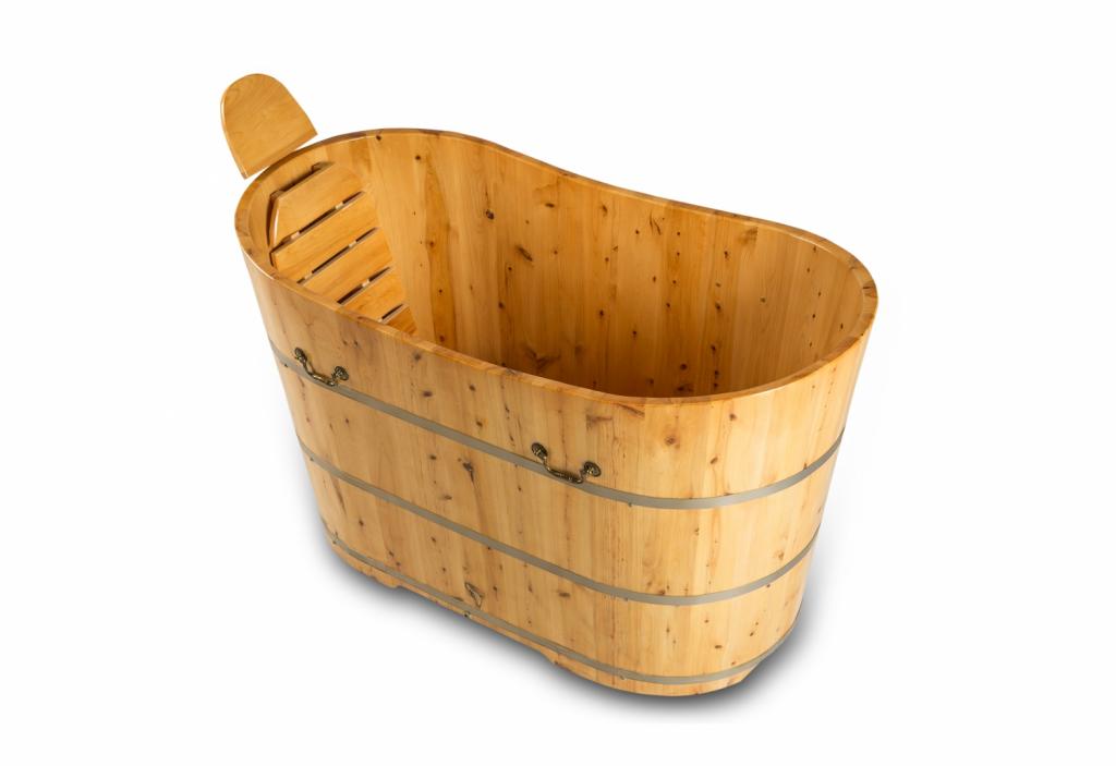 PureHaven freistehende Holzbadewanne 120x62cm aus Zedernholz 120 L ergonomische Formgebung pflegeleichte Oberfläche verstärkter Rahmen inkl. Ablauf