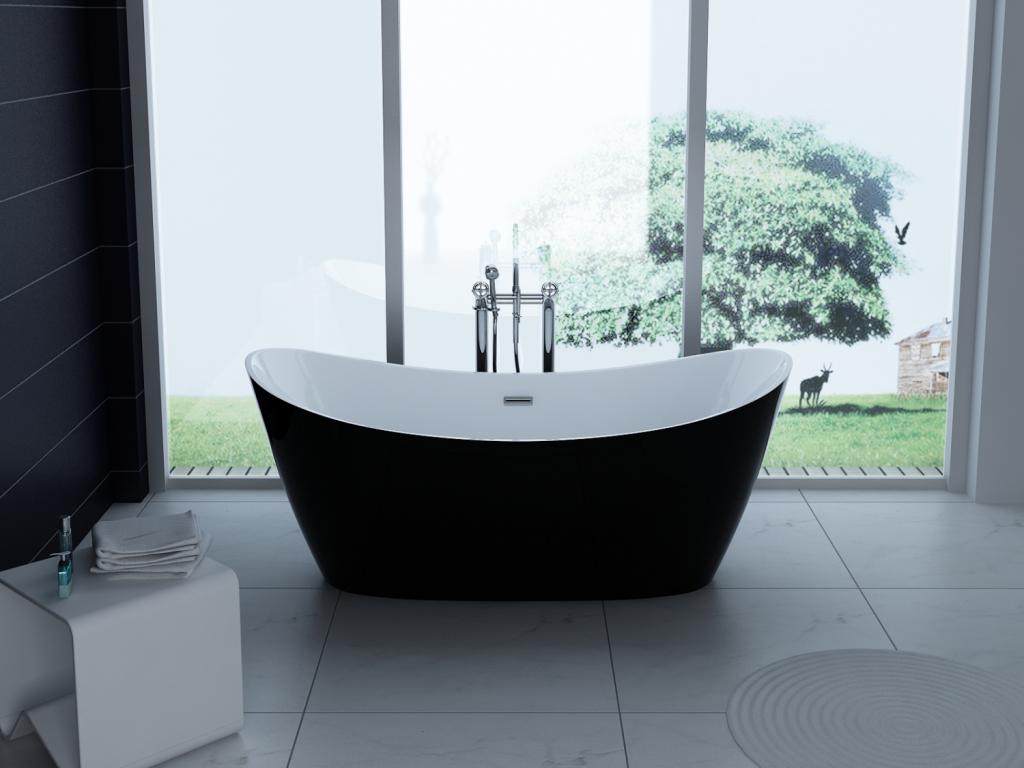 PureHaven freistehende Acryl-Badewanne 170x80 cm elegant inkl. Siphon Überlaufschutz leicht zu pflegende Oberfläche extra starker Rahmen Schwarz/Weiß