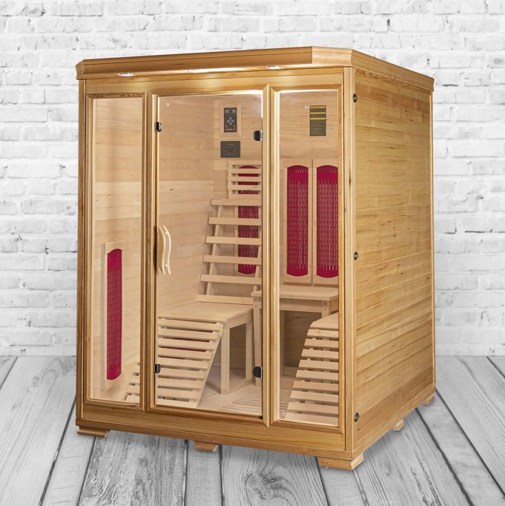 PureHaven Infrarotkabine für 2 Personen 150x150x190 cm Hemlock-Tanne Tiefenwärmestrahler Bluetooth Soundsystem Farblichttherapie Timer Ozonreinigung