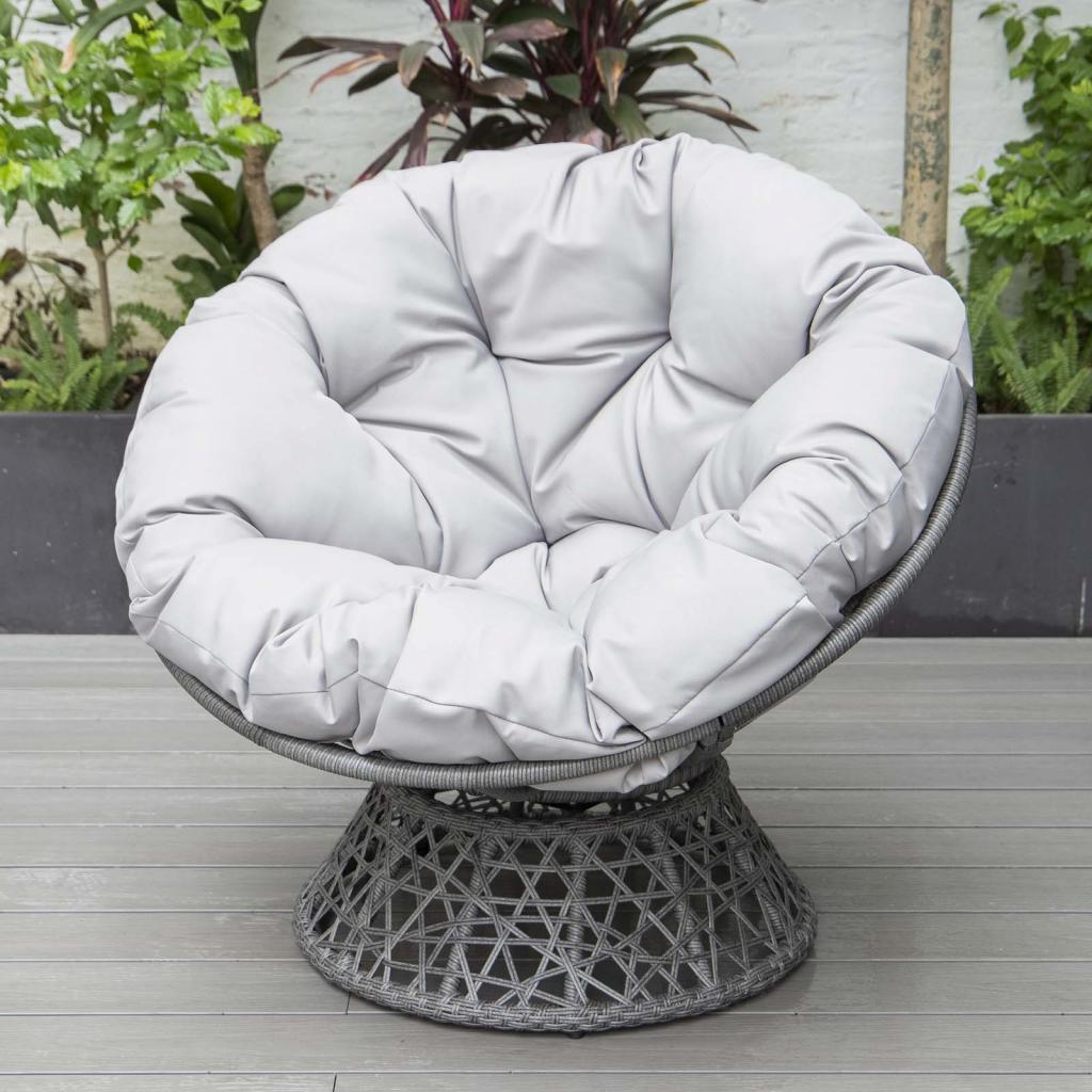 PureHaven Lounge Sessel 92x80x80,5 cm aus Rattan Rundkissen drehbar 360 Grad pflegeleicht elegantes Design verstellbare Kunststofffüßchen Grau/Grau