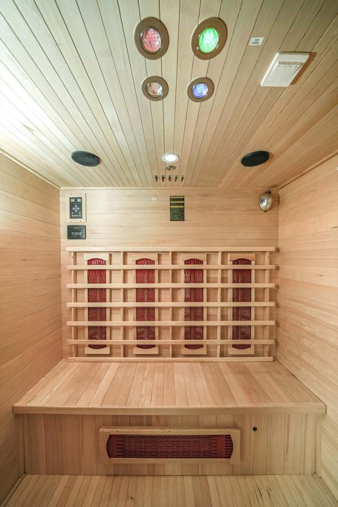 PureHaven Infrarotkabine 175x120x190 cm aus kanadischem Hemlock-Holz Bluetooth-Soundsystem Timer Lichttherapie in 4 Farben digitale Steuerung