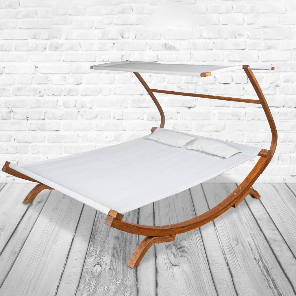 PureHaven Loungebett mit Sonnendach 220x168x135cm für 2 Personen massiv Holzrahmen Kopfkissen Gartenliege langlebig witterungsbeständig Farbe Creme