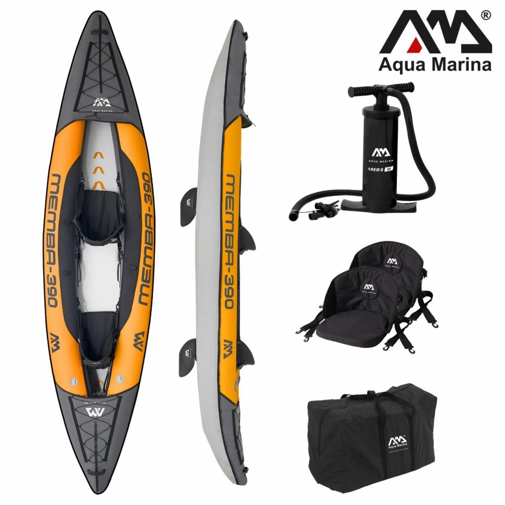 Aqua Marina Kajak 390x90 cm für 2 Personen mit Luftsitz verstellbarer Lehne Transporttasche Reparaturset Handpumpe strapazierfähig Orange/Anthrazit