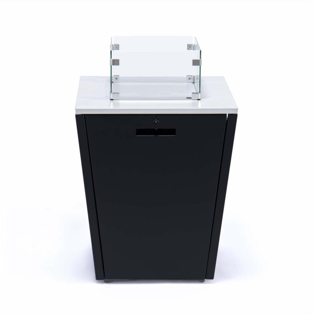 PureHaven Feuerschale Aluminiumrahmen gehärtetes Glas weiße Tischplatte Wetter- & Rostbeständigkeit inkl. Windschutz Glasperlen & Abdeckung