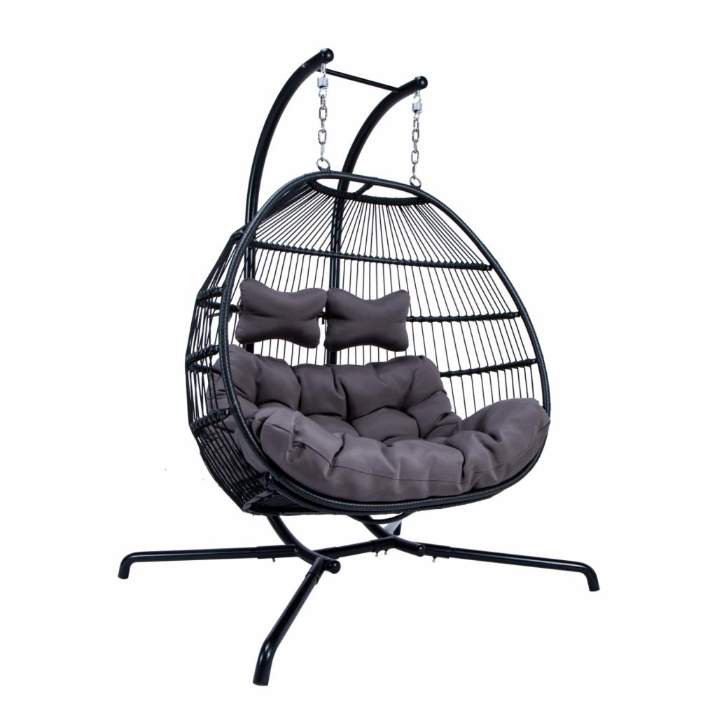 PureHaven Hängesessel für 2 Personen 130x120x200 cm Rattan-Kunststoffgeflecht mit Kissen wasserfest strapazierfähig gefederte Aufhängung grau/schwarz