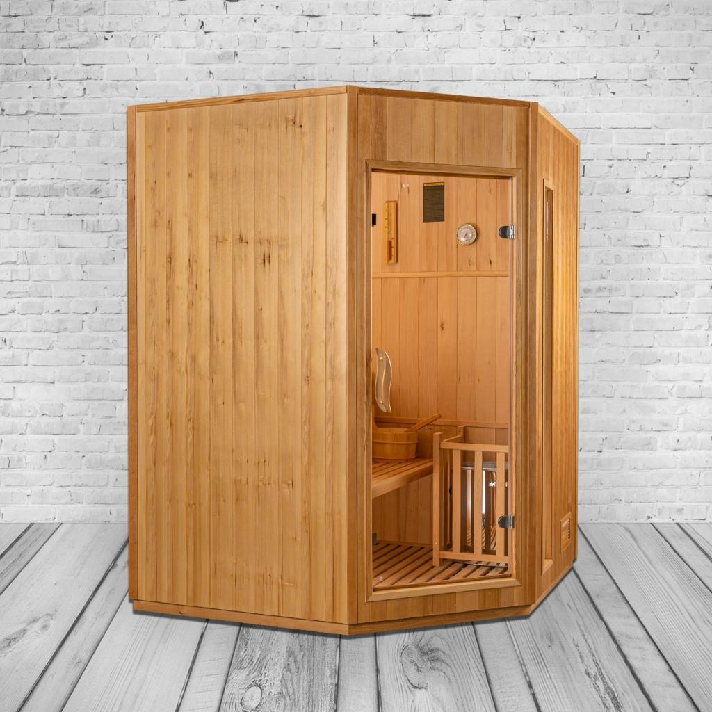 PureHaven Finnische Sauna 150x150x200 cm Harvia Saunaofen für 3 Personen Hemlockholz komplettes Zubehör Saunasteine Glastür Thermometer Beleuchtung