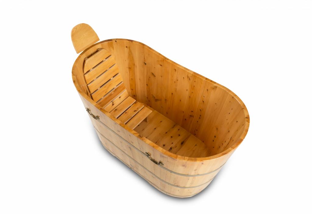 PureHaven freistehende Holzbadewanne 120x62cm aus Zedernholz 120 L ergonomische Formgebung pflegeleichte Oberfläche verstärkter Rahmen inkl. Ablauf