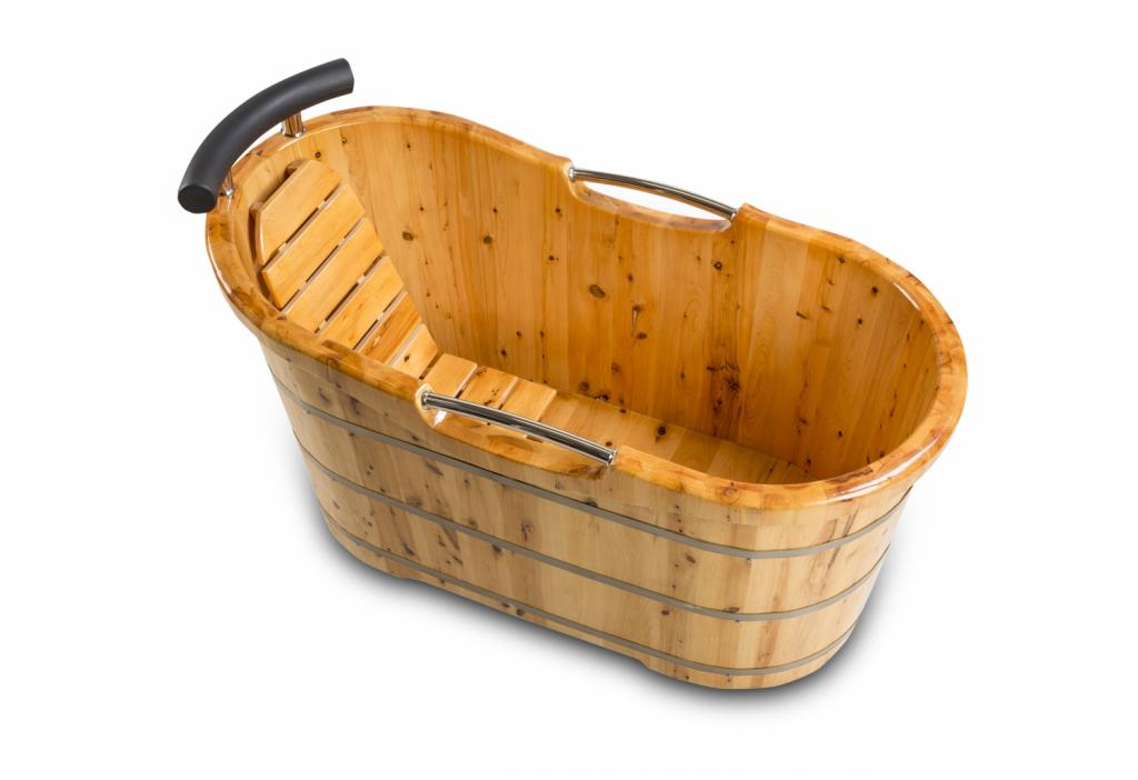 PureHaven freistehende Holzbadewanne 150x67x82 cm aus Zedernholz 150 L ergonomische Formgebung pflegeleichte Oberfläche verstärkter Rahmen mit Ablauf