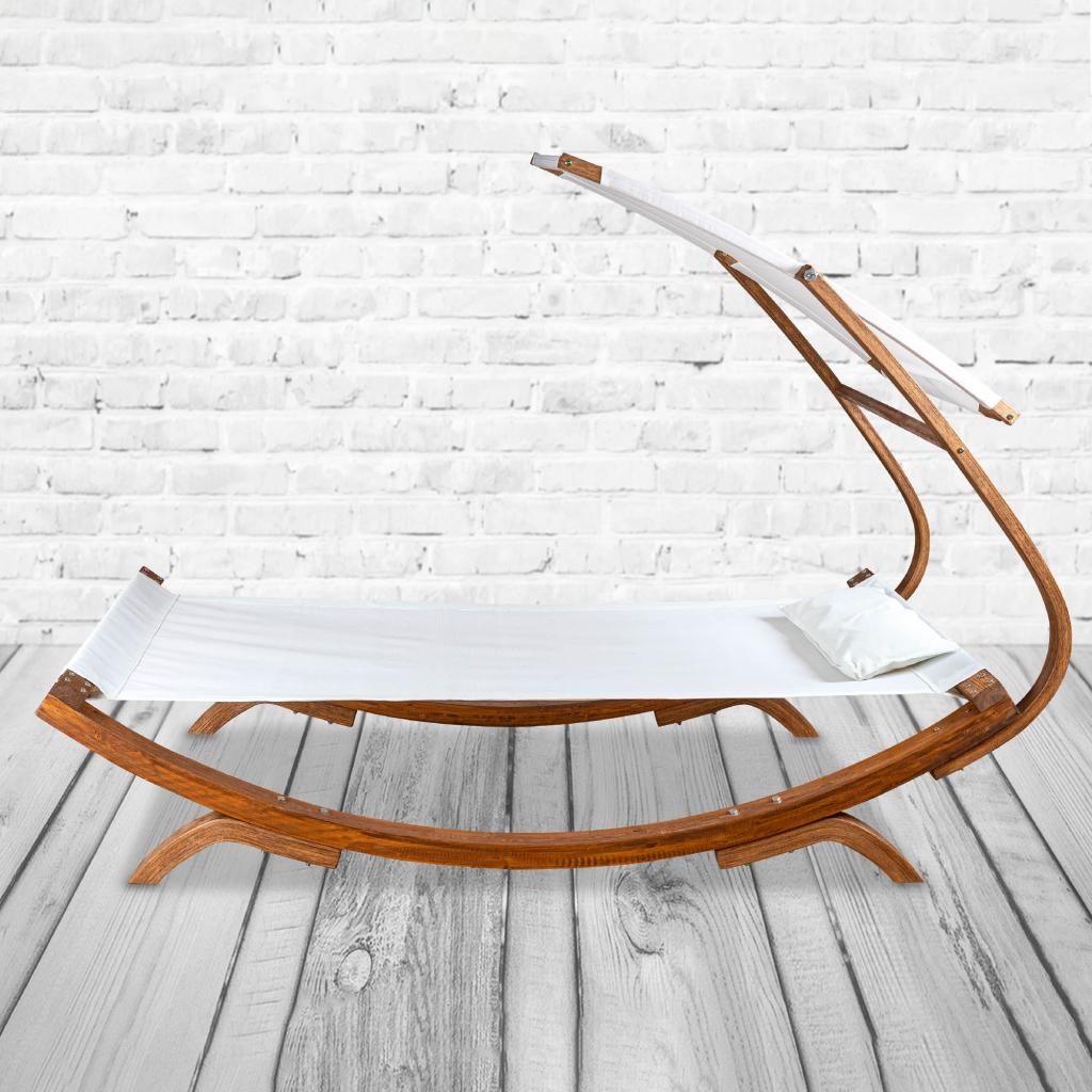 PureHaven Loungebett mit Sonnendach 220x84x135cm für 1 Person massiv Holzrahmen Kopfkissen Gartenliege langlebig witterungsbeständig Farbe Creme