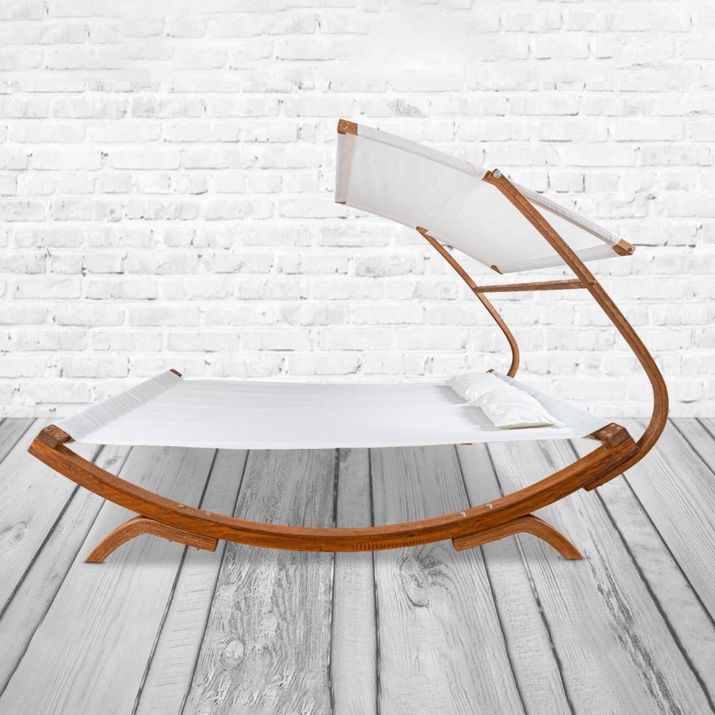 PureHaven Loungebett mit Sonnendach 220x168x135cm für 2 Personen massiv Holzrahmen Kopfkissen Gartenliege langlebig witterungsbeständig Farbe Creme
