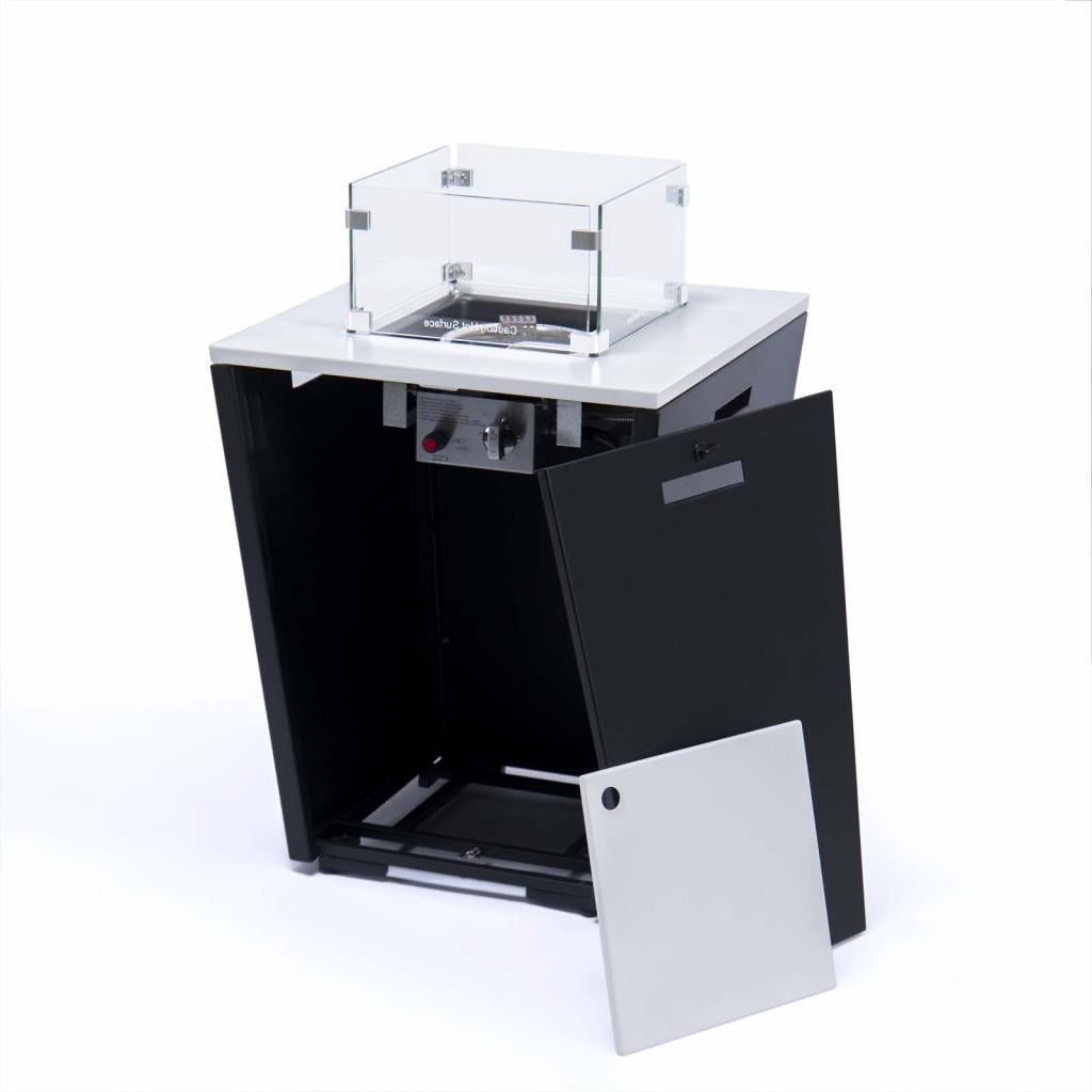 PureHaven Feuerschale Aluminiumrahmen gehärtetes Glas weiße Tischplatte Wetter- & Rostbeständigkeit inkl. Windschutz Glasperlen & Abdeckung