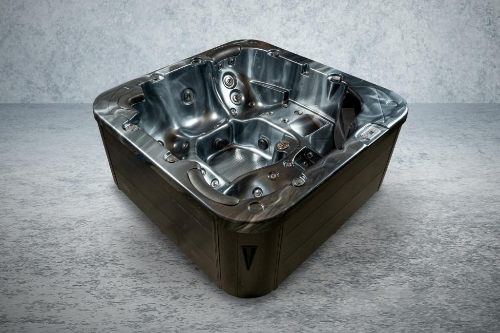 PureHaven American Outdoor-Whirlpool 215x215 cm für 5 Personen mit 53 Massagedüsen Heizung LEDs Thermoabdeckung Ozondesinfektion Pearl Shadow/Grau