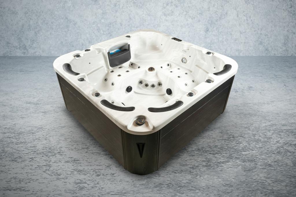 PureHaven American Outdoor-Whirlpool 230x230 cm für 6 Personen mit 71 Massagedüsen Heizung LEDs Thermoabdeckung Farbe Sterling Silber/Grau