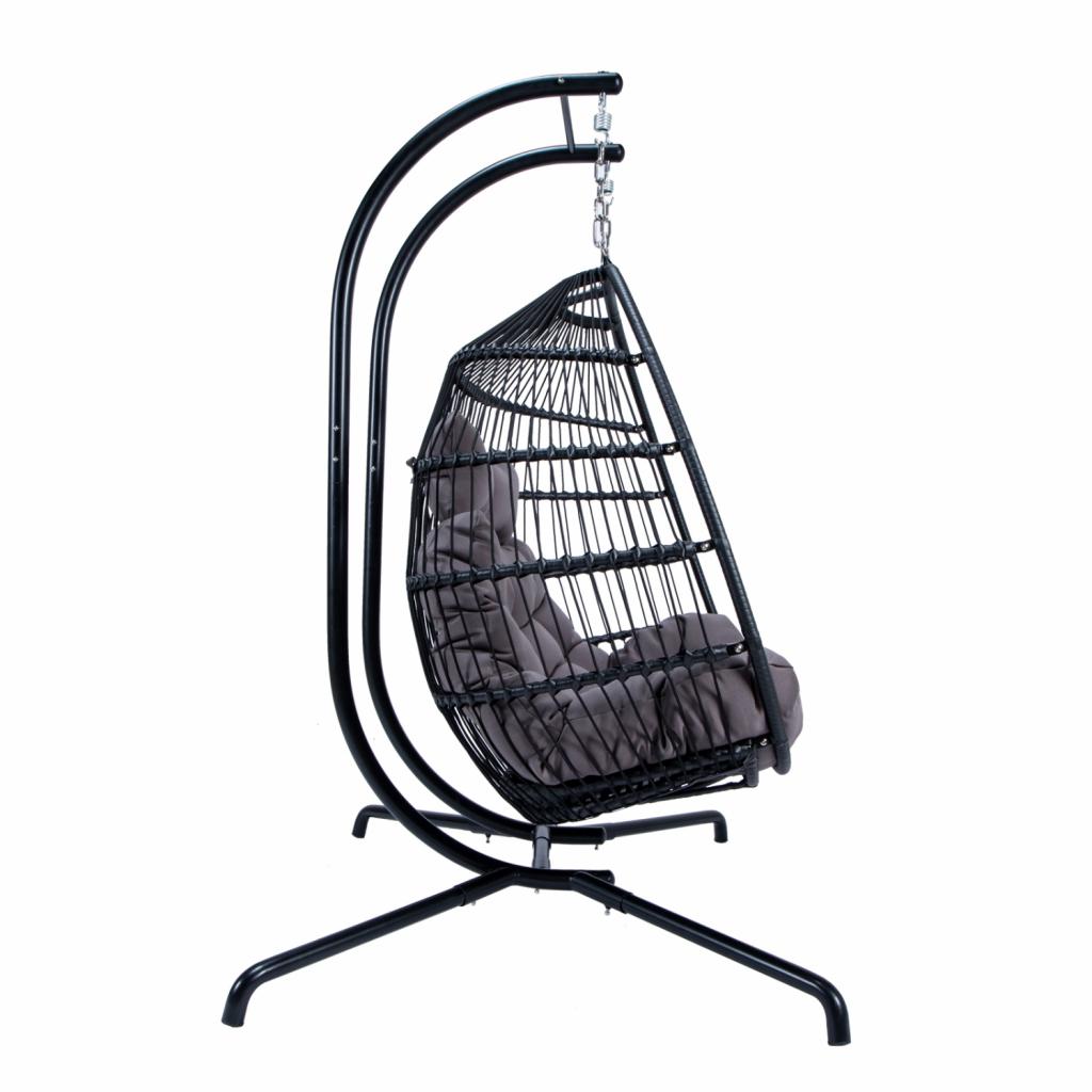 PureHaven Hängesessel für 2 Personen 130x120x200 cm Rattan-Kunststoffgeflecht mit Kissen wasserfest strapazierfähig gefederte Aufhängung grau/schwarz