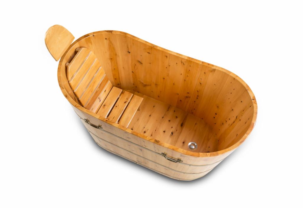 PureHaven freistehende Holzbadewanne 120x62cm aus Zedernholz 120 L ergonomische Formgebung pflegeleichte Oberfläche verstärkter Rahmen inkl. Ablauf