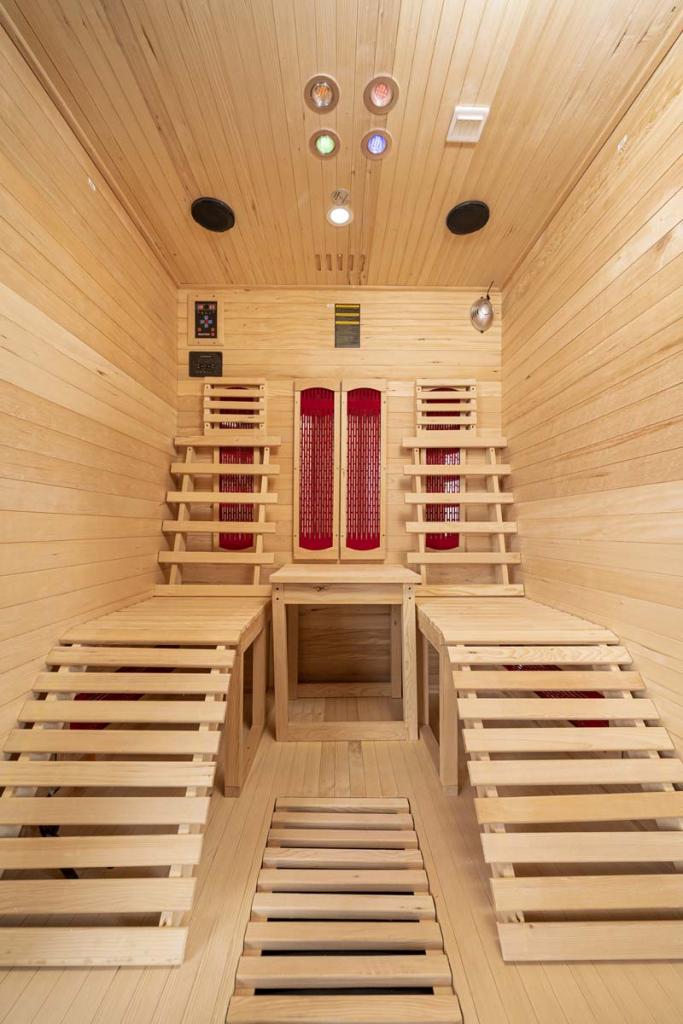PureHaven Infrarotkabine für 2 Personen 150x150x190 cm Hemlock-Tanne Tiefenwärmestrahler Bluetooth Soundsystem Farblichttherapie Timer Ozonreinigung