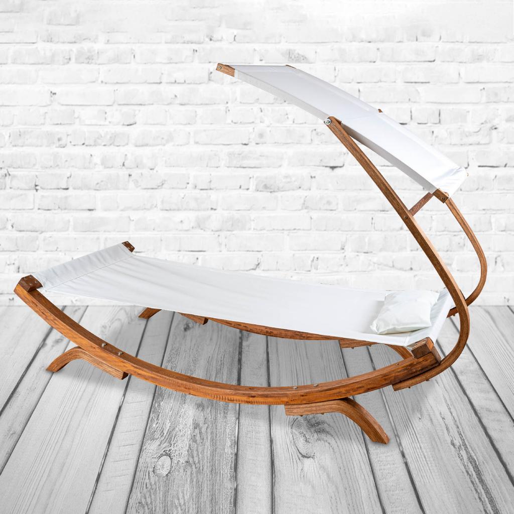 PureHaven Loungebett mit Sonnendach 220x84x135cm für 1 Person massiv Holzrahmen Kopfkissen Gartenliege langlebig witterungsbeständig Farbe Creme