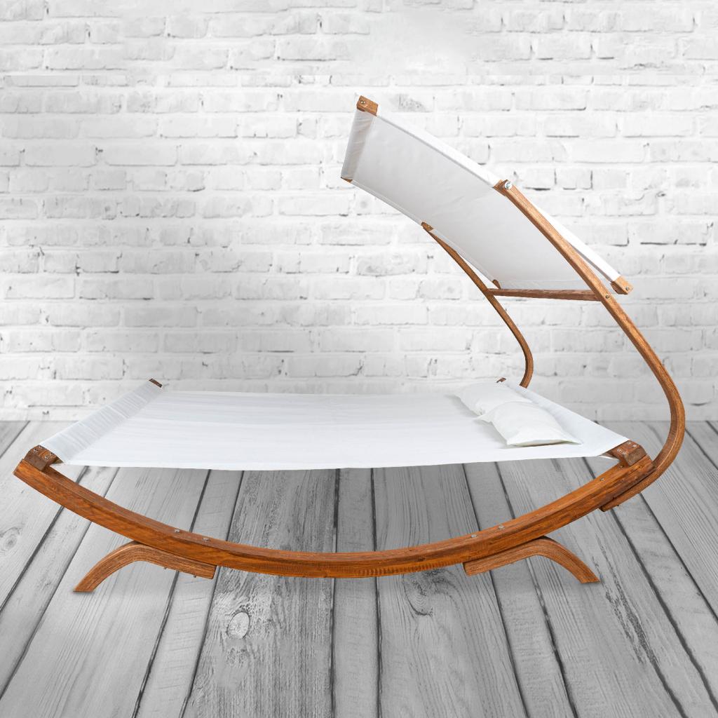 PureHaven Loungebett mit Sonnendach 220x168x135cm für 2 Personen massiv Holzrahmen Kopfkissen Gartenliege langlebig witterungsbeständig Farbe Creme