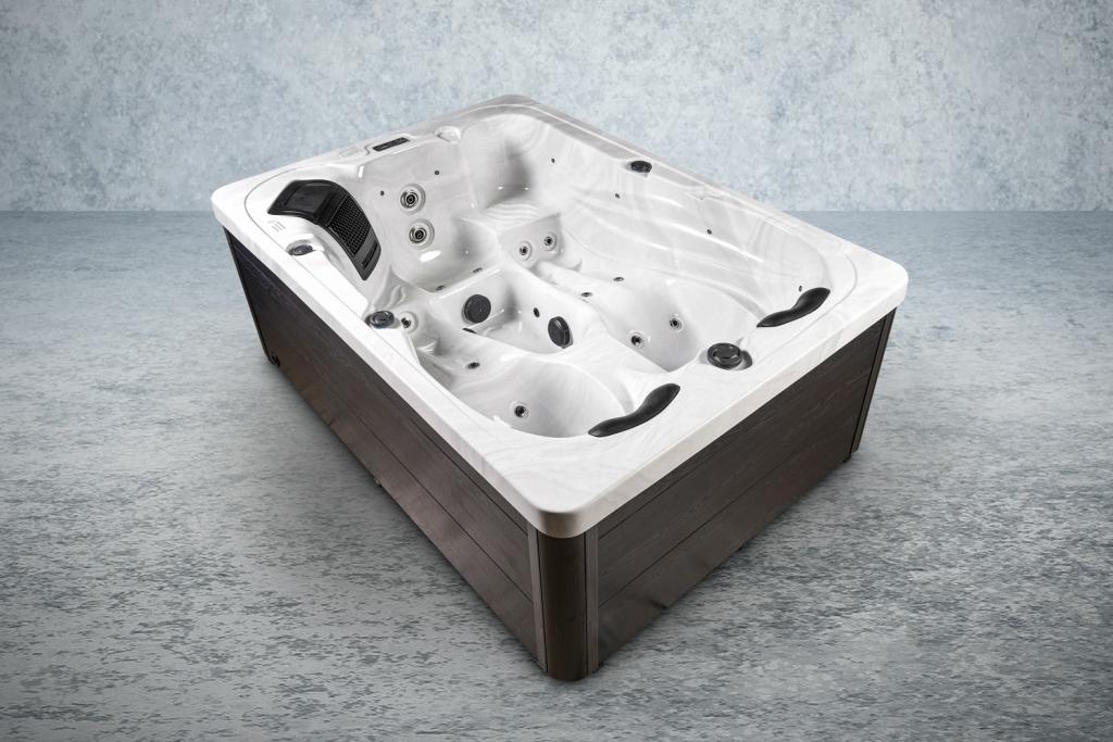 PureHaven American Outdoor-Whirlpool 220x156 cm für 3 Personen mit 77 Wasserdüsen und 10 Luftdüsen Thermoabdeckung LEDs Farbe Sterling Silber/Grau