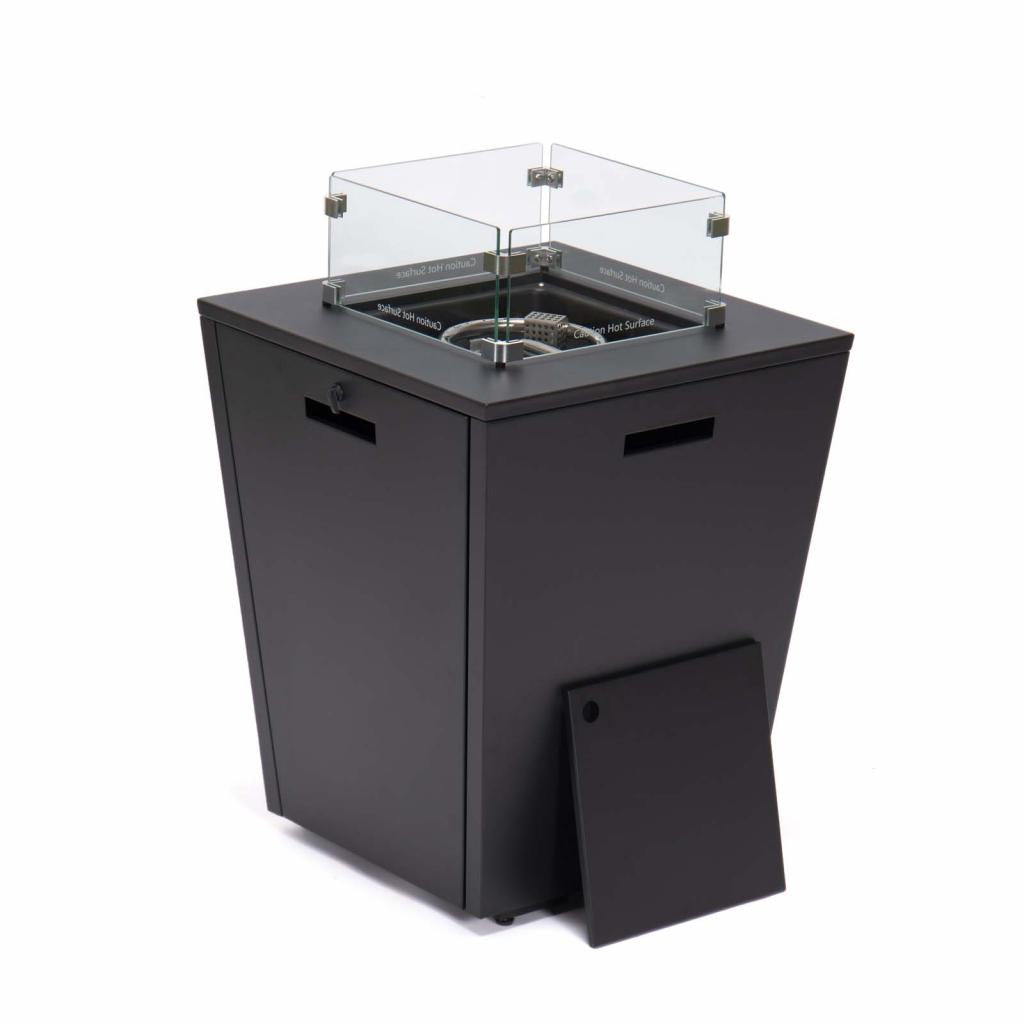 PureHaven Feuerschale Aluminiumrahmen gehärtetes Glas graue Tischplatte Wetter- & Rostbeständigkeit inkl. Windschutz Glasperlen & Abdeckung