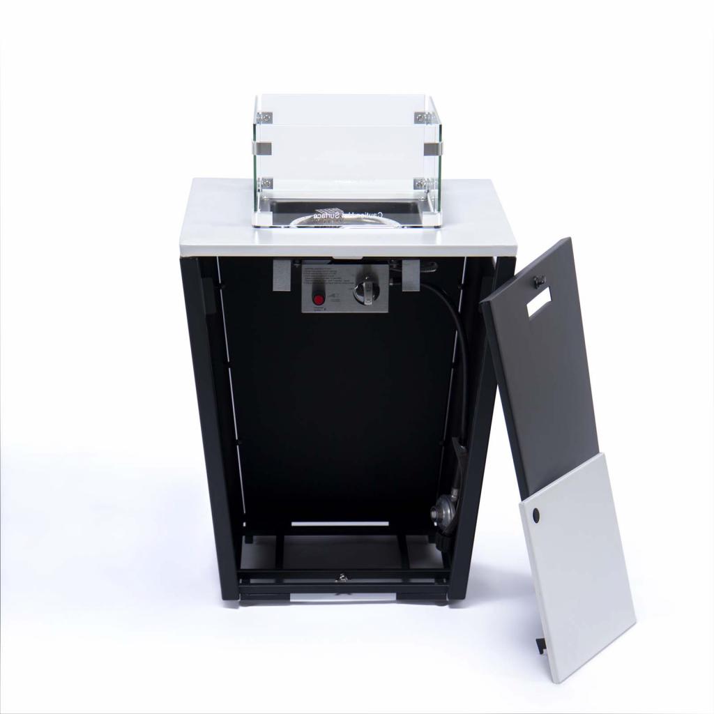 PureHaven Feuerschale Aluminiumrahmen gehärtetes Glas weiße Tischplatte Wetter- & Rostbeständigkeit inkl. Windschutz Glasperlen & Abdeckung