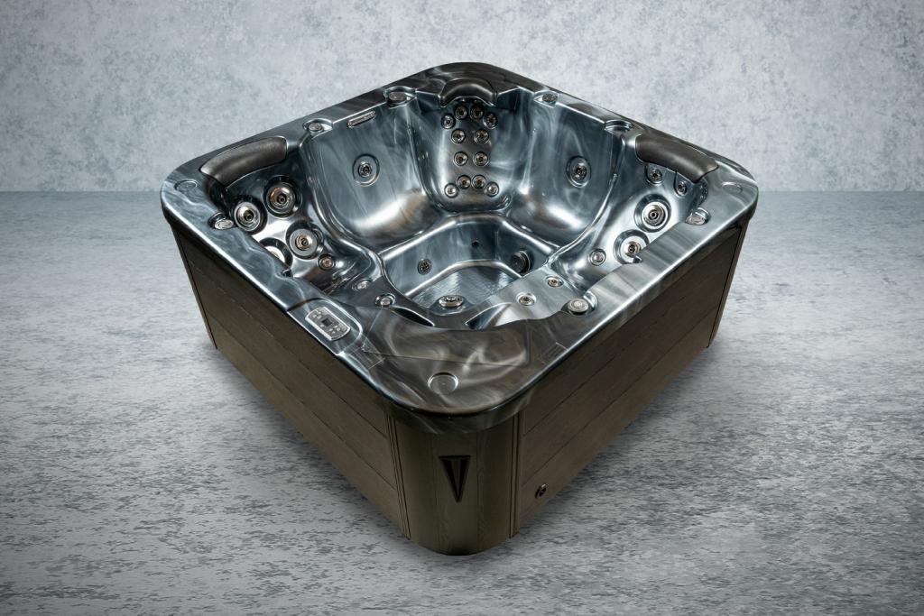 PureHaven American Outdoor-Whirlpool 215x215 cm für 5 Personen mit 53 Massagedüsen Heizung LEDs Thermoabdeckung Ozondesinfektion Pearl Shadow/Grau