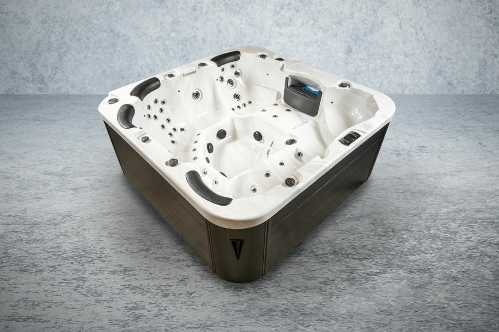 PureHaven American Outdoor-Whirlpool 230x230 cm für 6 Personen mit 71 Massagedüsen Heizung LEDs Thermoabdeckung Farbe Sterling Silber/Grau