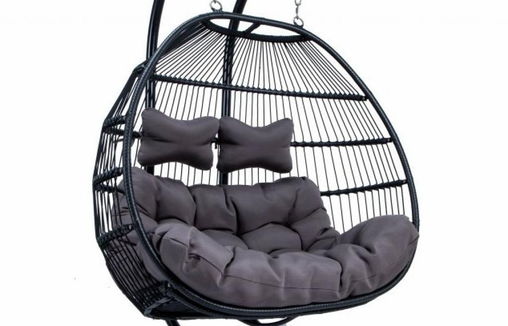 PureHaven Hängesessel für 2 Personen 130x120x200 cm Rattan-Kunststoffgeflecht mit Kissen wasserfest strapazierfähig gefederte Aufhängung grau/schwarz