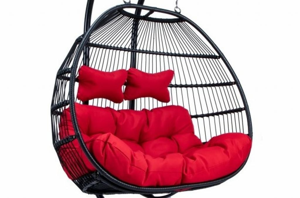 PureHaven Hängesessel für 2 Personen 130x120x200 cm Rattan-Kunststoffgeflecht mit Kissen wasserfest strapazierfähig gefederte Aufhängung rot/schwarz