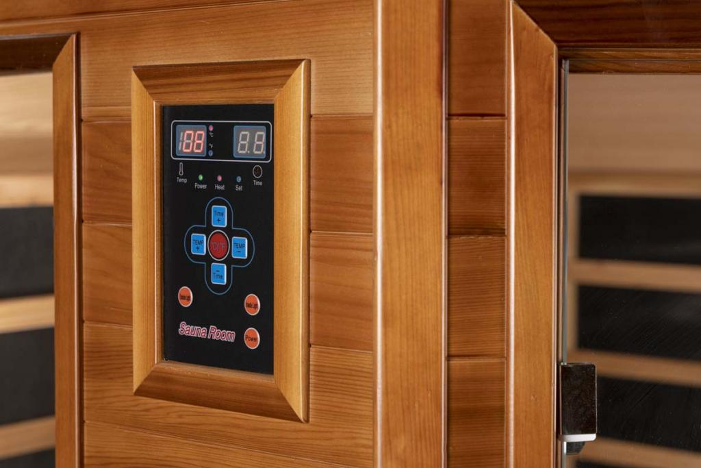 PureHaven Infrarotkabine 150x150x80x95x80 cm aus kanadischem Tannenholz Bluetooth-Soundsystem Lichttherapie in 4 Farben digitale Steuerung