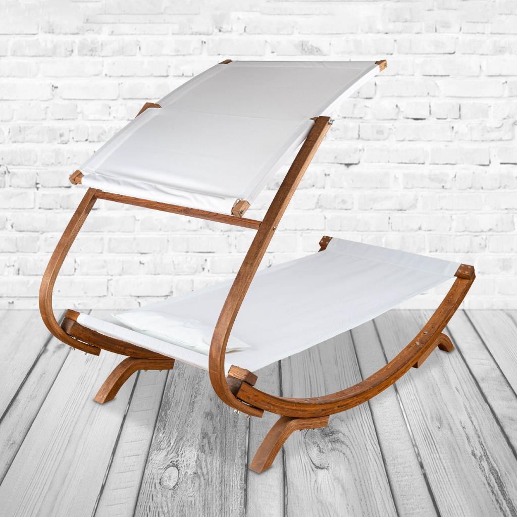 PureHaven Loungebett mit Sonnendach 220x84x135cm für 1 Person massiv Holzrahmen Kopfkissen Gartenliege langlebig witterungsbeständig Farbe Creme