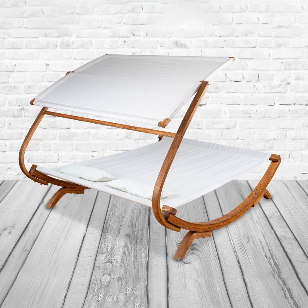 PureHaven Loungebett mit Sonnendach 220x168x135cm für 2 Personen massiv Holzrahmen Kopfkissen Gartenliege langlebig witterungsbeständig Farbe Creme
