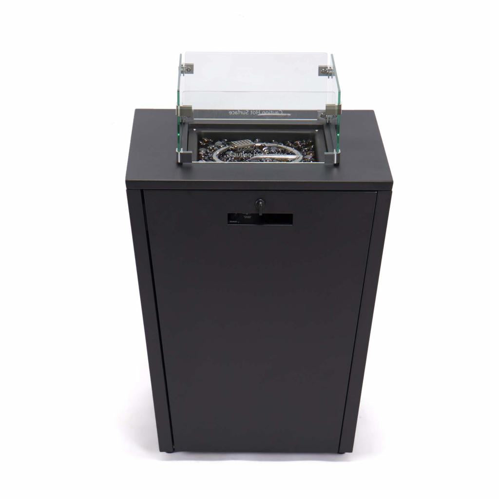 PureHaven Feuerschale Aluminiumrahmen gehärtetes Glas graue Tischplatte Wetter- & Rostbeständigkeit inkl. Windschutz Glasperlen & Abdeckung