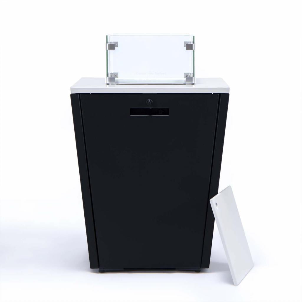 PureHaven Feuerschale Aluminiumrahmen gehärtetes Glas weiße Tischplatte Wetter- & Rostbeständigkeit inkl. Windschutz Glasperlen & Abdeckung