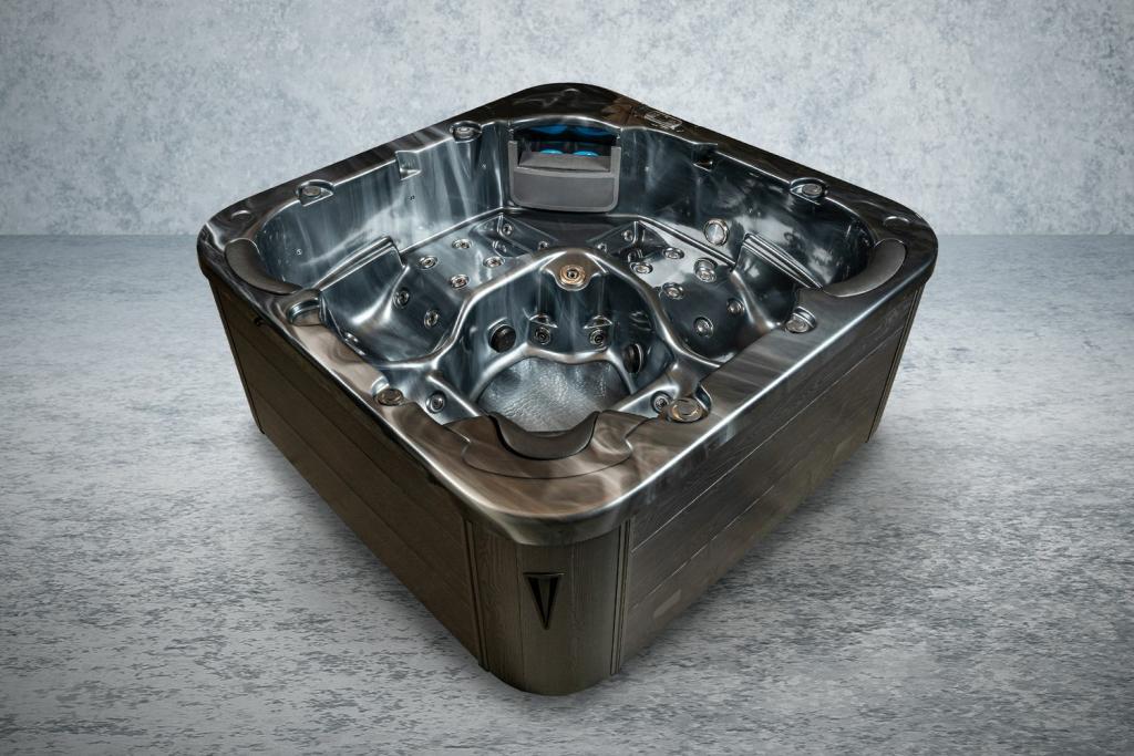 PureHaven American Outdoor-Whirlpool 215x215 cm für 5 Personen mit 53 Massagedüsen Heizung LEDs Thermoabdeckung Ozondesinfektion Pearl Shadow/Grau