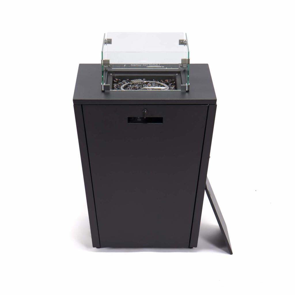 PureHaven Feuerschale Aluminiumrahmen gehärtetes Glas graue Tischplatte Wetter- & Rostbeständigkeit inkl. Windschutz Glasperlen & Abdeckung