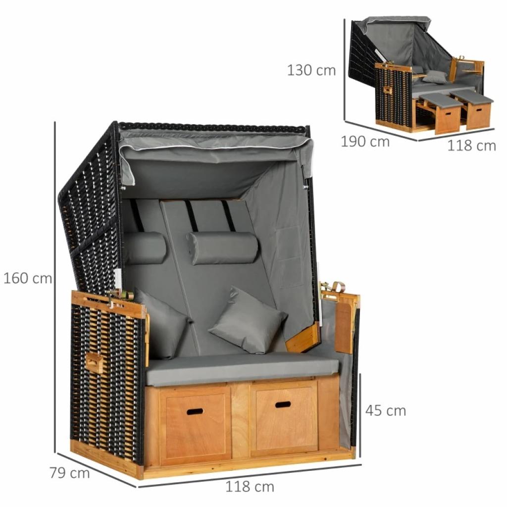 PureHaven Strandkorb 118x79x150 cm für 2 Personen inkl. Rücken- und Sitzkissen verstellbare Rückenlehne Klapptische und Fußstützen grau