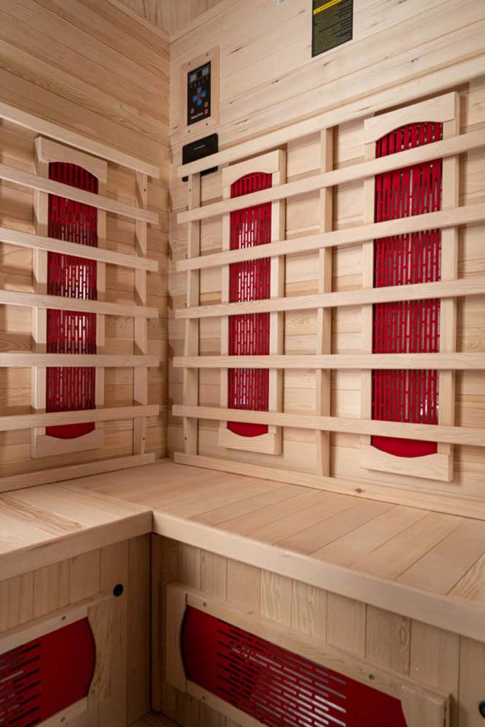 PureHaven Infrarotkabine 120x120x190 cm aus kanadischem Hemlock-Holz Bluetooth-Soundsystem Timer Lichttherapie in 4 Farben digitale Steuerung
