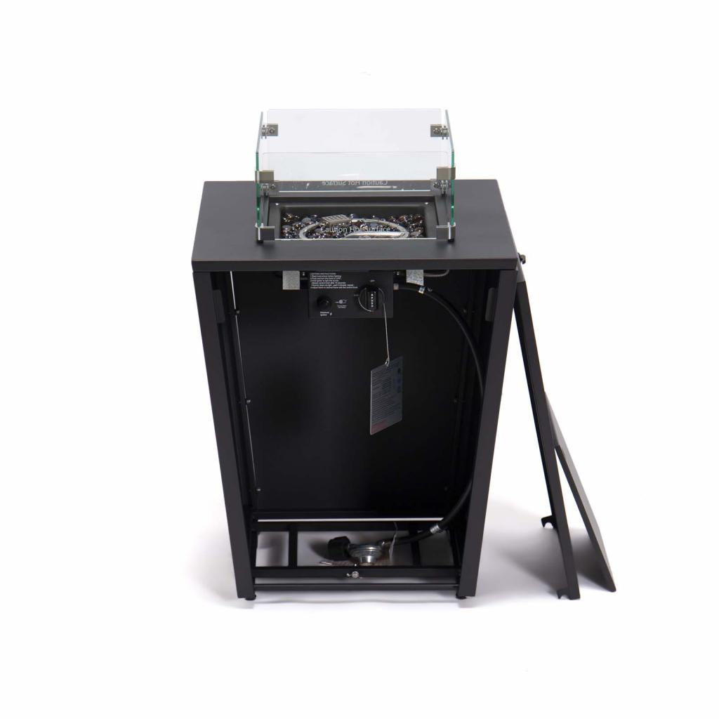 PureHaven Feuerschale Aluminiumrahmen gehärtetes Glas graue Tischplatte Wetter- & Rostbeständigkeit inkl. Windschutz Glasperlen & Abdeckung