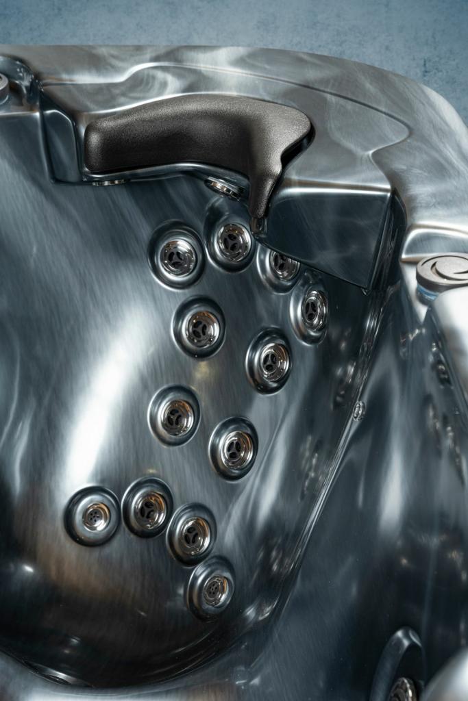 PureHaven American Outdoor-Whirlpool 215x215 cm für 5 Personen mit 53 Massagedüsen Heizung LEDs Thermoabdeckung Ozondesinfektion Pearl Shadow/Grau