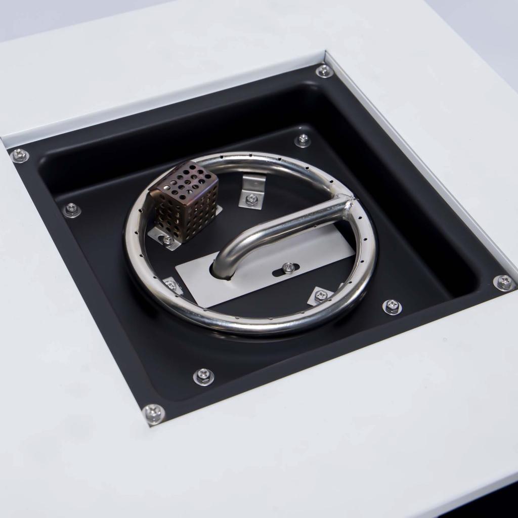 PureHaven Feuerschale Aluminiumrahmen gehärtetes Glas weiße Tischplatte Wetter- & Rostbeständigkeit inkl. Windschutz Glasperlen & Abdeckung